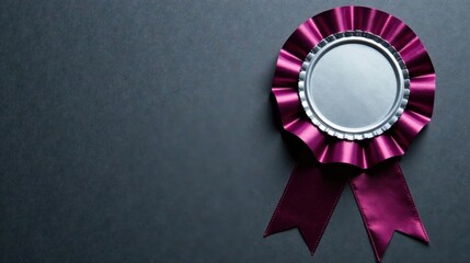 A blank silver award rosette with a deep maroon ribbon, set against a dark gray background, ready for your personalized message.