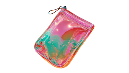 Holographic, iridescent, clear plastic pouch.  Zipper closure