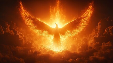 Phoenix rising in bright, fiery light and clouds