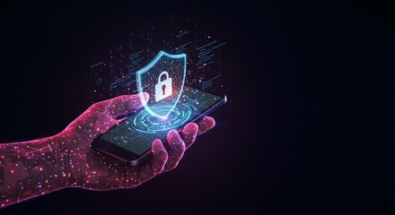 Empowering digital security with a glowing shield and padlock overlaying a smartphone held in a vibrant, futuristic hand against a dark, data-filled background