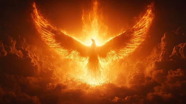 Phoenix rising in bright, fiery light and clouds