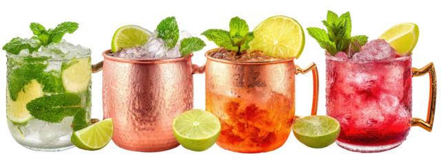Four assorted refreshing cocktails in copper mugs and glasses, garnished with fresh mint and lime