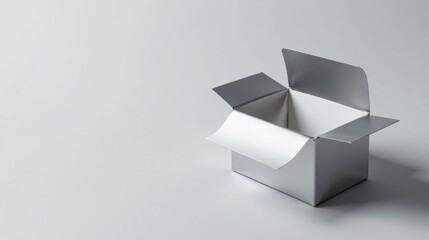 A partially opened metallic gray rectangular box sits on a neutral background, suggesting potential for product placement or minimalist design.