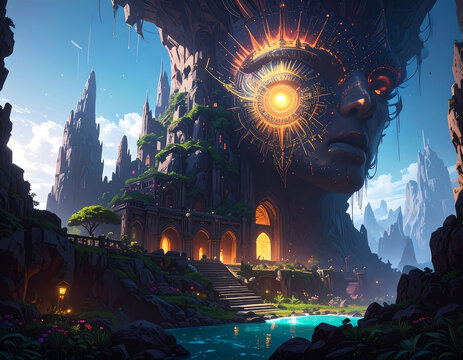 Majestic mountainous landscape with a colossal ancient stone face with glowing eye overlooking a serene river and illuminated ruins - Powered by Adobe