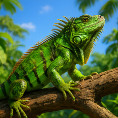 Obraz premium Green iguana climbing on tree branch with tropical foliage background