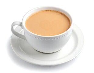 White teacup and saucer with hot beverage