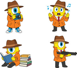 Cartoon yellow cyclops character in trench coat, detective spy theme, reading, singing, with camera, books, gun, comic vector illustration for kids, fun concept
