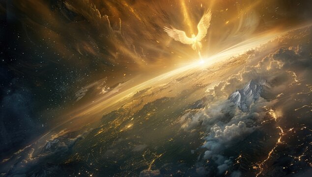 Angel descends, sunrise over Earth, cosmic background, faith hope poster