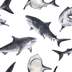 Watercolor seamless pattern with sharks on white background