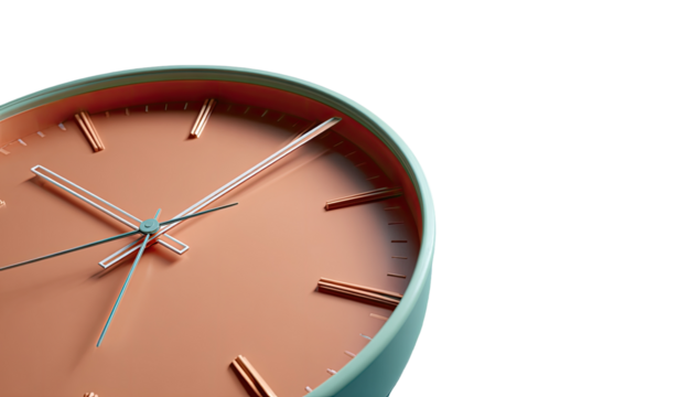 Close-up of a modern, peach-colored clock face.  The hands show a specific time