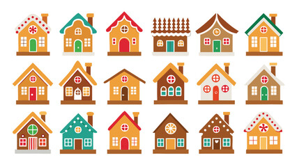 Naklejka premium Collection of Colorful Gingerbread Houses in Rows on White Background