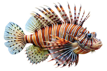 Detailed Lionfish Portrait with Spikes and Stripes on Transparent Background
