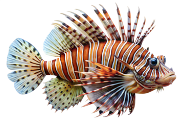 Detailed Lionfish Portrait with Spikes and Stripes on Transparent Background