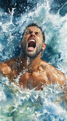 Man Screaming in Ocean Waves.
