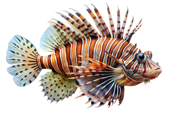Detailed Lionfish Portrait with Spikes and Stripes on Transparent Background