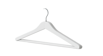 A white wooden coat hanger, angled, with a curved hook