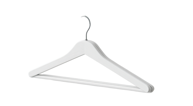 A white wooden coat hanger, angled, with a curved hook