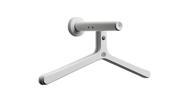 Modern wall-mounted coat rack.  A light gray, minimalist coat hanger with a circular base and a three-pronged, angled design.  Easy to mount.  Clean lines