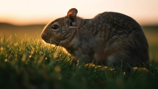 Cute degu rat in grass field at sunset