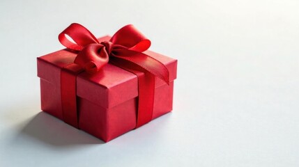 Obraz premium A single red gift box with a vibrant red ribbon bow, signifying a thoughtful present, perfect for celebrations and special occasions.