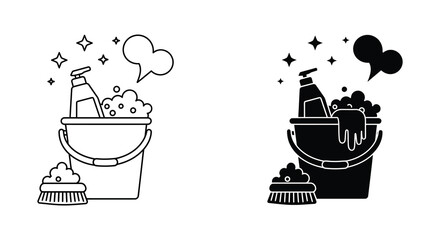 Cleaning supplies in a bucket with a brush and soap bubbles silhouette