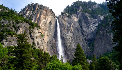 Majestic waterfall cascading down rocky cliffs surrounded by lush greenery