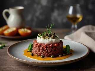 Gourmet beef tartare with egg yolk and pistachios on a white plate