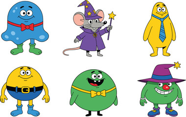 Cute cartoon monsters, colorful character set, funny wizard mouse, adorable bow tie characters, fantasy illustration, children design, playful mascot collection, magical theme art