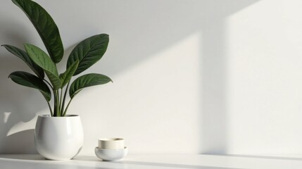 Fototapeta premium Serene Minimalist Interior Design Featuring a Lush Green Plant in a White Pot, Accented by Simple Ceramic Bowls on a Pristine White Surface