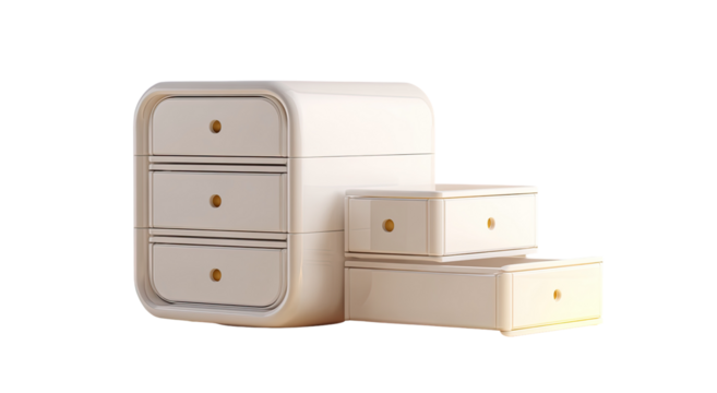 Cream-colored, curved, stacked drawers.  Modern, minimalist chest of drawers set