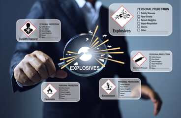 hazard substance concept with inspector using magnifying glass to search for explosive materials...