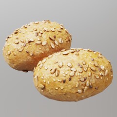 Two freshly baked multigrain bread rolls