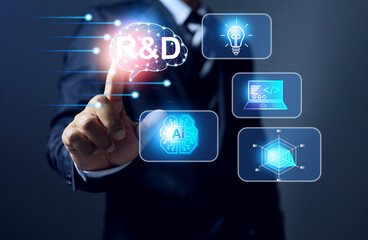 r and d concept with businessman pointing on brain icon represent to research and development for new innovation and technology implementation