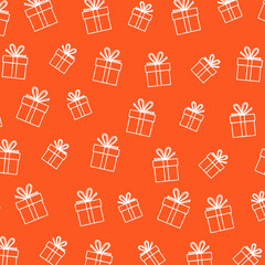 Present seamless pattern with outline gift boxes icons. Gift box backgrounds for covers, prints, and wrapping paper designs.