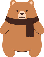 A friendly cartoon bear wearing a brown scarf, standing upright, with a happy expression.