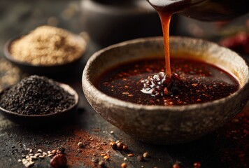 Close-up of a traditional ceramic bowl filled with dark, steaming hot herbal tea surrounded by loose herbs and spices on a rustic wooden
