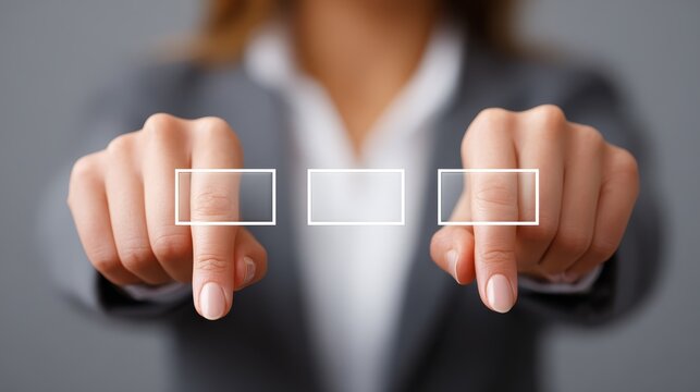 Professional woman in a formal business suit makes a decisive choice by pointing her finger at a large square button on a digital interface screen.