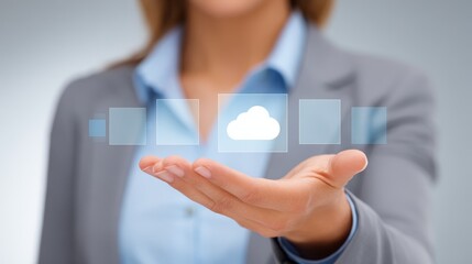 Conceptual representation of cloud computing technology with a person's hand holding a symbolic data icon illustrating digital storage online services and information sharing.
