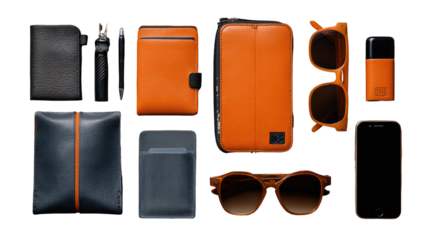 Top-down view of various leather accessories, orange and dark gray,  organized in a grid pattern on a black background.  Wallet, sunglasses, phone case, small pouches,  pen/knife visible