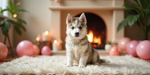 Fototapeta premium A fluffy husky puppy sits on a soft rug in front of a warm fireplace, surrounded by pastel balloons and soft lighting