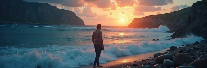 Obraz premium Person stands on a beach at sunset watching waves.