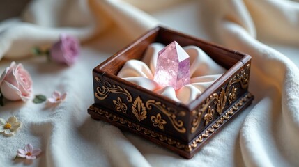 Ornate Wooden Box Containing a Sparkling Pink Crystal, Resting on Soft Fabric with Delicate Flowers