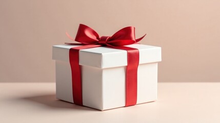 A pristine white gift box adorned with a vibrant crimson ribbon, a symbol of thoughtful presentation and celebratory gifting