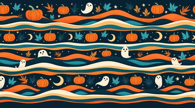 Festive halloween pattern with pumpkins, ghosts, moons, stars and leaves in autumn colors - Powered by Adobe