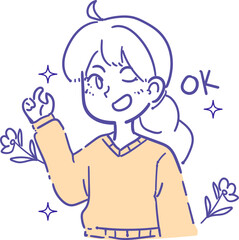 A cheerful illustration of a young woman giving an 