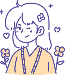 Cartoon illustration of a smiling girl winking, surrounded by flowers, hearts, and sparkles, depicted in a simple, clean line art style.