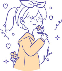 A cheerful young woman with a bow in her hair happily smells a delicate flower, surrounded by whimsical hearts and botanical accents.