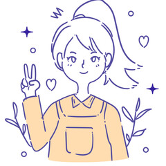 A vibrant line art illustration featuring a smiling young woman with a high ponytail making a peace sign, surrounded by whimsical stars and hearts.
