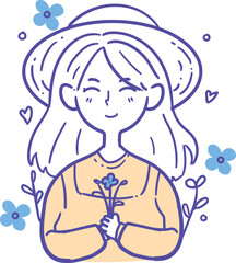 A smiling girl wearing a hat, holding flowers, surrounded by floral elements.