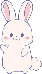 Cute cartoon bunny rabbit with pink ears and cheeks waving its paw, isolated on white background.